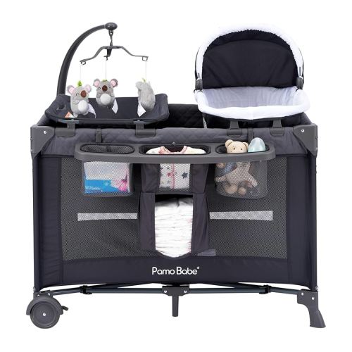 Pamo babe Portable Crib for Baby, 4 in 1 Baby Playard with Changing Table, Bassinet and Mattress Pad