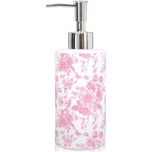 JarThenaAMCS Pink Floral Soap Dispenser Glass Dispenser with Pump Refillable Vintage Chinoiserie Flower Butterfly Liquid Soap Container for Kitchen Bathroom Countertop Decor