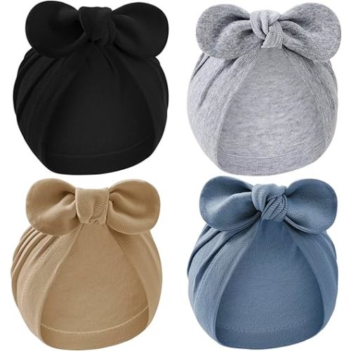 Zando 4PCS Baby Hats with Big Bow Cotton Hat Breathable Newborn Hats for Boys Girls Toddler Hospital Hat Baby Turban 0-2T
