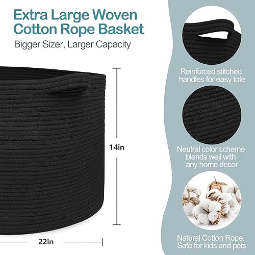 Large Black Blanket Basket, 22" X 22" X 14" Woven Rope Bin for Storage, Kids Dog Toy Storage Box Organizer Bins, Blanket Holder for Living Room, Decorative Wicker Basket for Organizing