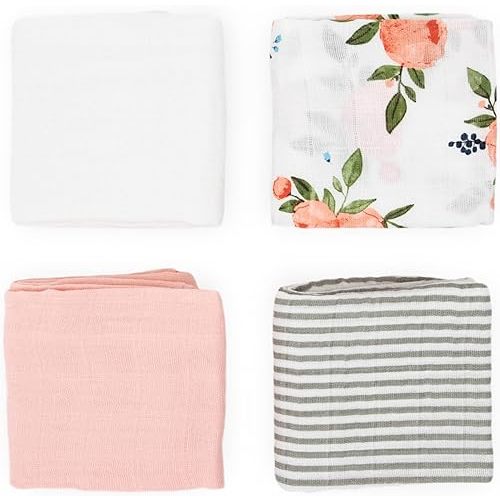 Little Unicorn Cotton Muslin Squares 4 Pack | Nursing, Burping, Feeding, Wiping, Spills | Super Soft and Lightweight Blanket for Baby Boys and Girls | 27.5” x 27.5” (Watercolor Roses Set)