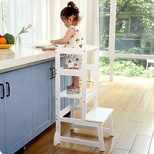 Height Adjustable Kitchen Step Stool for Toddlers, Kids Montessori Learning Stool, Baby Standing Tower for Counter, Children Standing Helper (White)