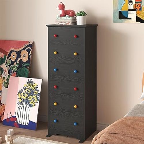 LIKIMIO Tall Skinny Dresser, 6 Drawer Dresser Tall with Colorful Handles, Chest of Drawers for Bedroom, 51.5" H Modern Wooden Storage Cabinet with Metal Sliding Rail, Black