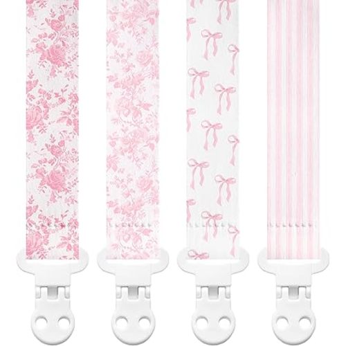 Stadela Baby Fabric Pacifier Clip Holder, Plastic Clip, 4‑Pack, Toile de Jouy Pattern, Giselle Set