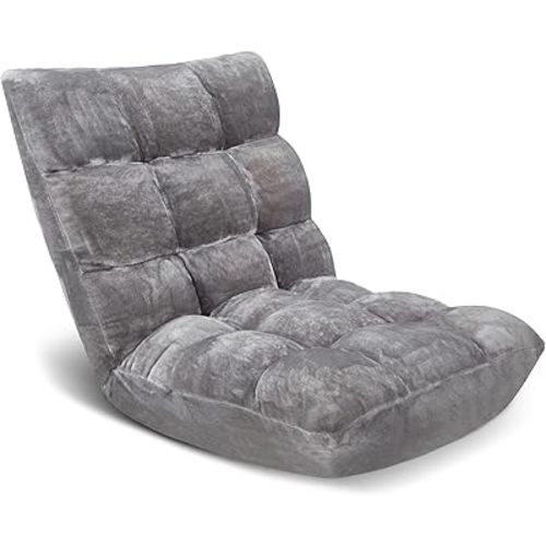 Folding Floor Chair 14-Position Cushioned Adjustable Floor Lazy Sofa Chair w/Breathable Cotton & Skin-Friendly Flannel for Adults & Kids Ideal for Reading Meditating, Grey