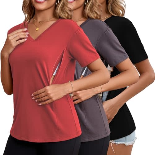 Ecavus Women's Nursing Shirts 3-Pack V Neck Breastfeeding Shirts with Hidden Zipper Short Sleeve Loose Fit Nursing Tops