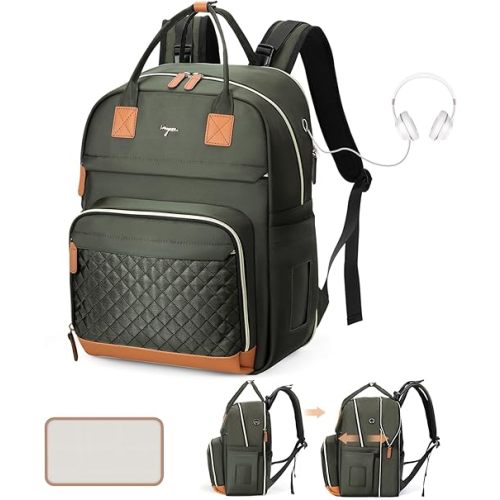 Diaper Bag Backpack - Extra Large Diaper Bag for 2 Kids Twin, Travel Baby Bags for Mom Dad 25-37L Expandable with Changing Pad Earphone Hole, Solid Green