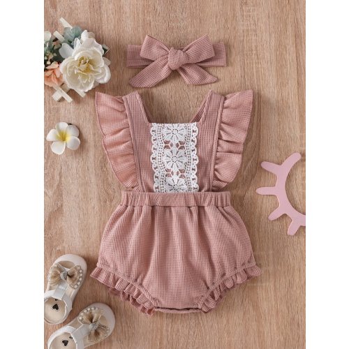 Baby Contrast Guipure Lace Ruffle Trim Waffle Knit Bodysuit & Headband: 1-3 Months