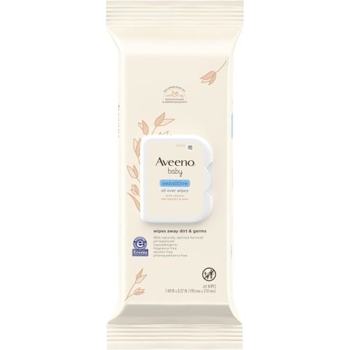 Aveeno Baby Sensitive All Over Wipes with Aloe & Natural Oat Extract for Face, Bottom, Hands & Body, pH-Balanced, Hypoallergenic, Fragrance-, Phenoxyethanol- & Alcohol-Free, 64 ct