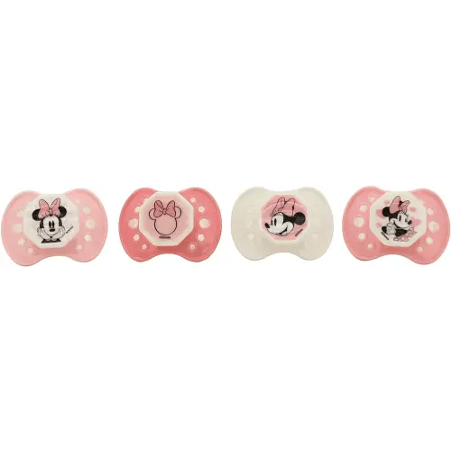 Disney Cudlie Minnie Mouse Baby Girl 4 Pack of Pacifiers with Old Time Minnie Print
