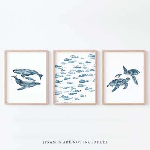 Ocean Animals Watercolor Painting 3 Print Set for Under the Sea Nursery
