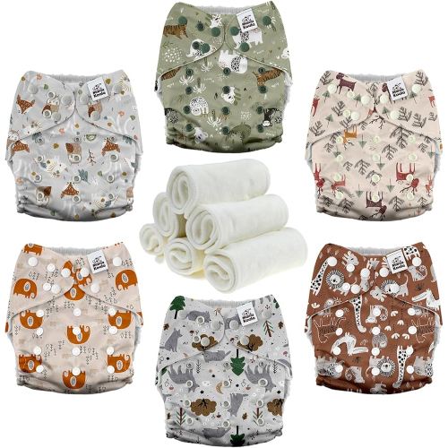 Mama Koala 3.0 Cloth Diapers for Babies with AWJ Lining, 6 Pack with 6 Natural Cloth Diaper Inserts - Reusable and Washable Pocket Diapers (Animals in The Forest)