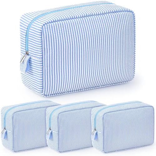 Sanwuta 3 Pcs Seersucker Makeup Bags Seersucker Cosmetic Bags Striped Women Large Travel Toiletry Organizer Preppy Storage Pouch for Embroidery Wedding Bridesmaid Gifts(Light Blue)