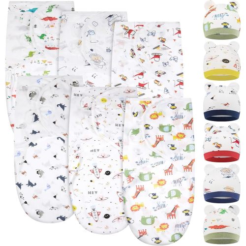 Ramede 6 Pack Baby Swaddle Blanket with Hats Sleep Swaddle for 0-3 Months Newborn Sacks Soft Cotton Wearable for Boy Girl