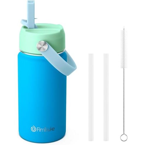 Fimibuke Kids Insulated Water Bottle, 14oz BPA FREE 18/8 Stainless Steel Travel Tumbler Double Wall Vacuum Leak Proof Kids Cup with Straw Metal Water Bottle for School Boys Girls(1 Pack, Pool)