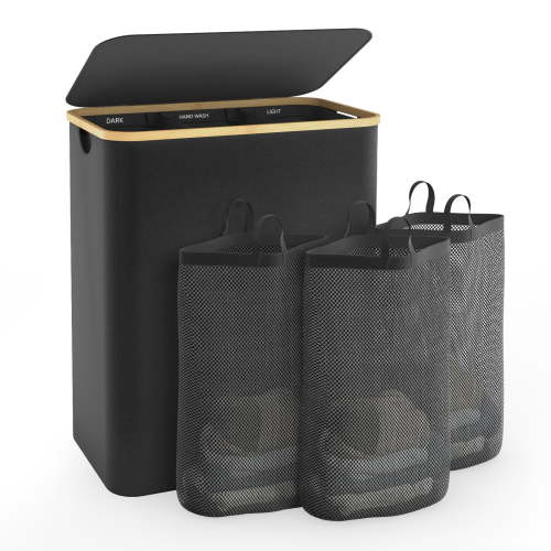 Bathola Laundry Hamper with Lid, 145L Extra Large Hamper 3 Section Dirty Clothes Hampers for Divided Basket Organizer for Bedroom, Laundry Room, Grey