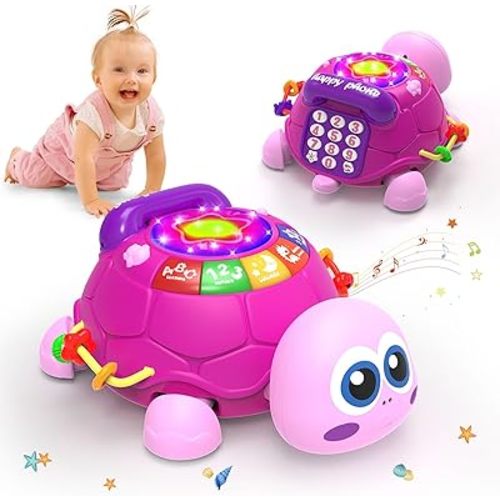 Hanayo Baby Musical Turtle Crawling Girl Toys for 6-18 Months，Infant Early Learning Educational Toy，Baby Girl Gift Essentials for Newborn 7 8 9 11+ Months 1-2 Year Old(Pink)