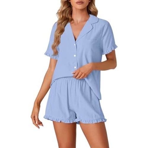 Vrtige Women's 2 Piece Cotton Pajamas Set Button Down Short Sleeve Top and Shorts PJs Set Sleepwear