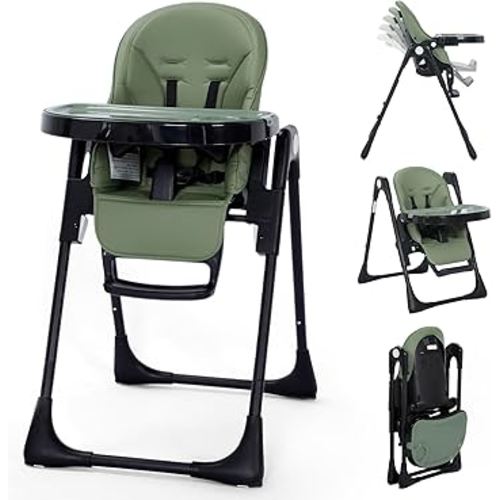 Kinder King Convertible High Chair for Babies & Toddlers, Adjustable Baby Feeding High Chair with Removable Double Tray, Simple Compact Fold for Space-Saving, 2 Built-in Wheels, Easy to Clean, Green