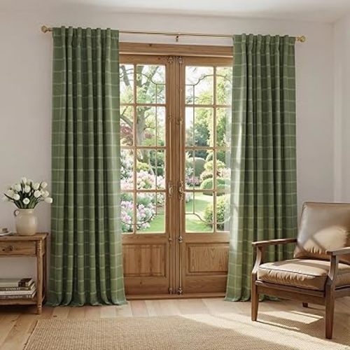 NICETOWN Buffalo Check Plaid 100% Blackout Curtains 96 Inches Long for Bedroom, Living Room Thermal Insulated Room Darkening Rod Pocket Back Tab Drapes, Olive Green, 52" W x 96" L, 2 Panels
