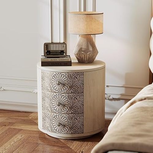 SUNBURY End Table Living Room Small Side Table w 3 Drawers, Vintage Bedside Table, Elegant Nightstand Small Dresser for Bedroom, Lightweight MDF Accent Table (Floral Texture)