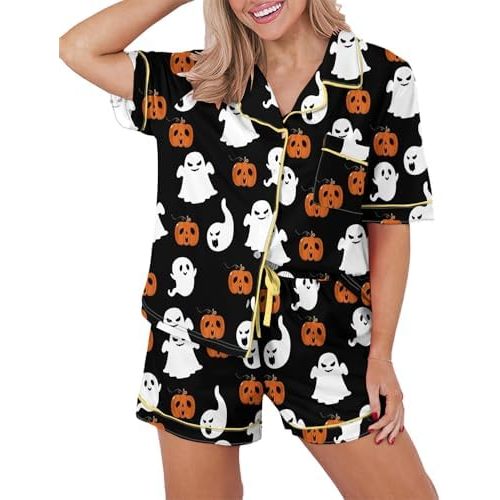 KevaMolly Womens Pajama Sets Pink Flower Print Buttoned Drawstring Waist Lounge Set Short Sleeve Top and Shorts