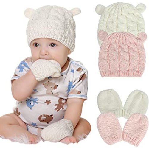 Newborn Winter Beanie Hat Gloves Set for Baby Girls Boys, Infant Toddler Warm Knitted Hat Gloves, Unisex-Baby Beanies