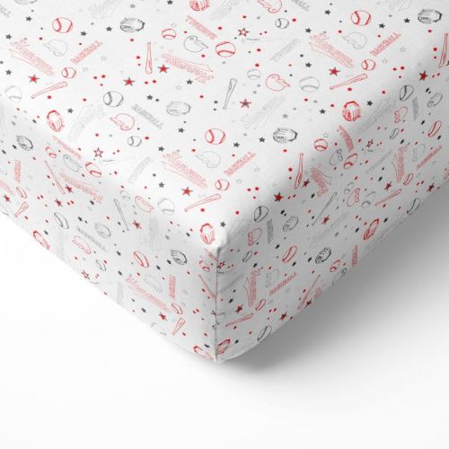 Bacati - Baseball Red/Gray Muslin 100 percent Cotton Universal Baby US Standard Crib or Toddler Bed Fitted Sheet