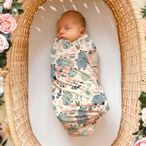 Hippo Baby Swaddle Blanket, Newborn Coming Home Wrap, Animal-Themed Baby Shower Gift, Baby Bedding, Gift for New Mom and Newborn