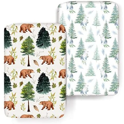 Ultra Stretch Pack n Play Sheets- ACRABROS Snug Fitted Playard Sheets,Mini Crib Sheets for Boys Girls,2 Pack,Comfy Wipeable,Bears &Forest