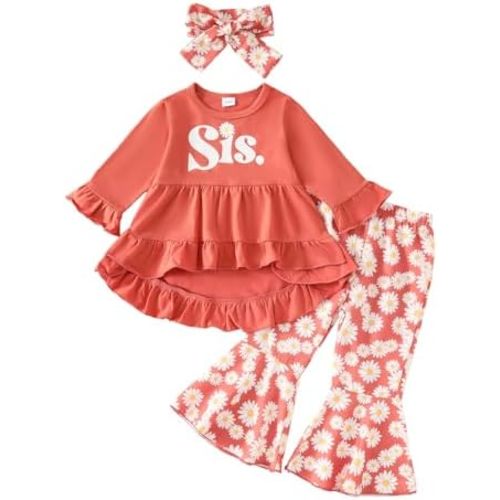 wdehow Toddler Baby Girls 3PCs Outfits Long Pullover Ruffle Dress Shirt Cow Print Flared Pants Set Fall Winter Clothes