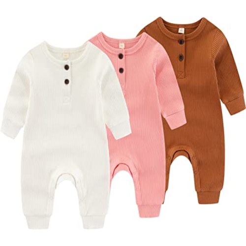 Newborn Baby Boys Girls One Piece Romper With Mitten Cuffs 3 Pack Long Sleeve Ribbed Button Jumpsuit Outfit Clothes