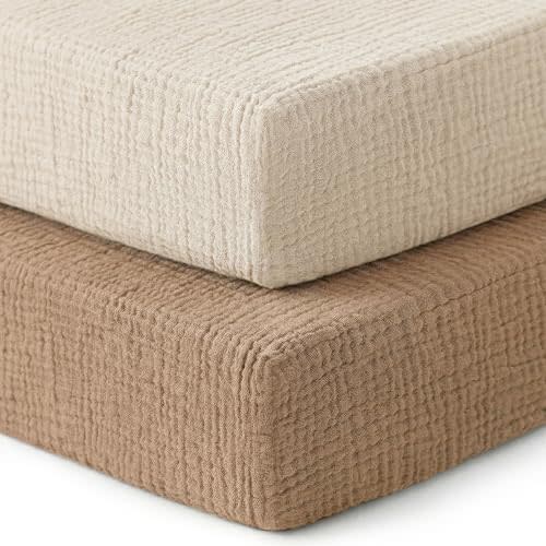 2 Pack Muslin Crib Sheets for Boys Girls, 100% Cotton Fitted Baby Sheets, Breathable Soft Neutral Bed Set, 52"x28" Fits Standard Crib & Toddler Mattress (Brown＆Beige)