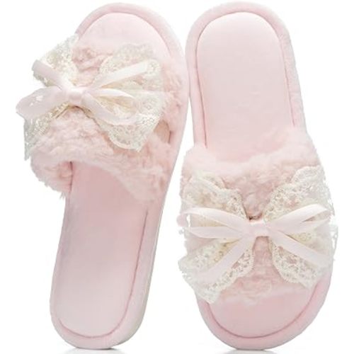 GOEWY Women's Open Toe Memory Foam Slippers - Cute Fuzzy House Shoes with Lace Bow, Soft Plush Slides for Indoor Comfort, Cozy Non-Slip Gift Gifts for Women Mom Ladies