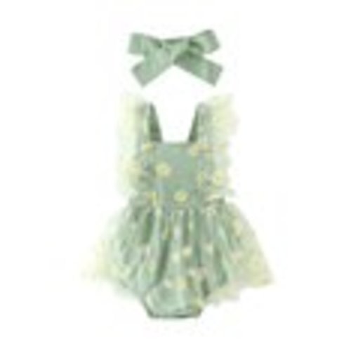 Lnzyyephy Baby Girl 2Pcs Summer Outfits, Ruffle Sleeve Daisy Print Romper Mesh Dress with Headband Set