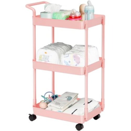 Baby Diaper Caddy – Plastic Diaper Organizer for Nursery Essentials, Movable Cart for Changing Table & Crib, Easy to Assemble, Pink