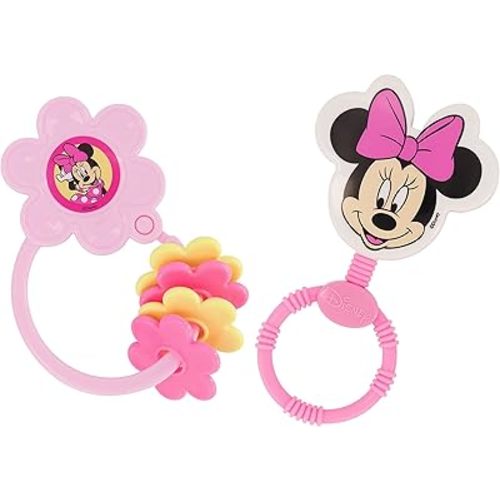 2 Pack Disney Minnie Mouse Character Shape Rattle and Keyring Teether, Premium Toddler Birthday Toys, Infant Teething Toys, Great for Newborn Shower Gifts
