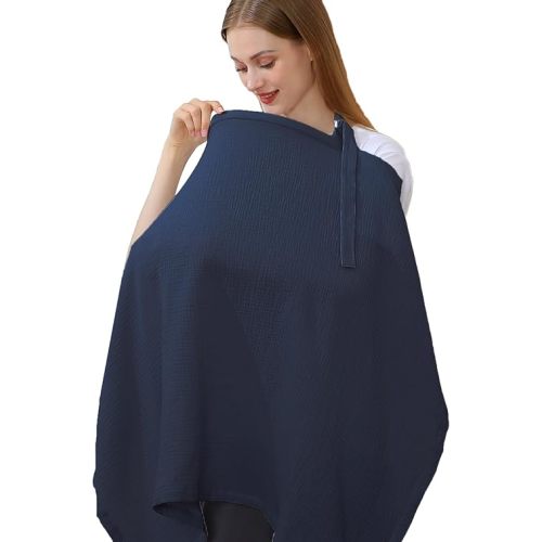 Hicoco 100% Muslin Cotton Breastfeeding Cover, Multi-use Nursing Covers with Arch Neckline, Cotton Nursing Apron (navy blue)