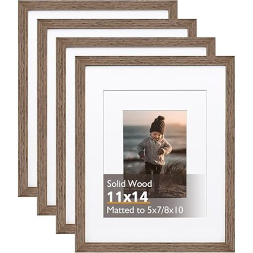 KINLINK 11x14 Picture Frame Rustic brown, Solid Wood Frames with Acrylic Plexiglass for Pictures 5x7/8x10 with Mat or 11x14 without Mat, Tabletop and Wall Display, Set of 4