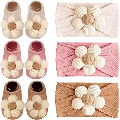 WillingTee Baby Girl Headband and Socks, Non-Slip Floral Socks and Soft Floral Nylon Hairbands for Babies Infants and Toddlers 0-12 Months