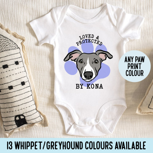 Whippet Baby Sleepsuit/ Personalised Greyhound Whippet Face Baby Bodysuit/ Custom Dog Name Baby Vest/ Baby Shower Pet Gifts/ Whippet Owner
