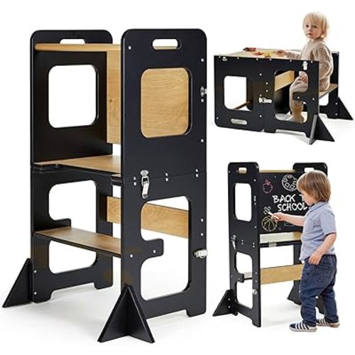 Toddler Kitchen Tower, Learning Standing Tower, 2-in-1 Kitchen Black Wooden Stool Helper with Chalkboard Montessori and Waldorf Helper for Kids in Kitchen
