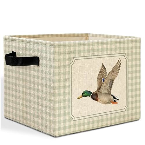 Green Checkered Mallard Duck Storage Bins Box with Handles, Rustic Flying Mallard Duck Plaid Laundry Basket Hamper Collapsible Clothes Toys Organizer for Kids Boys Bedroom Bathroom