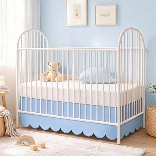 Blue Scalloped Edge Crib Skirt 28"x 52" with 14" Drop Pleated Dust Ruffle with Split Corners for Baby Boys Girls, Soft 4-Sided Crib Bed Skirt Nursery Standard Toddler Bedding