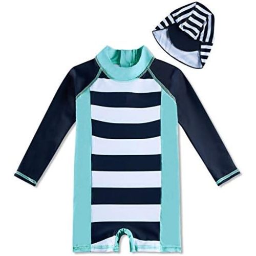 uideazone Little Boys Long Sleeve One Piece Swimsuit Rash Guard with Sun Hat UPF 50+ Sun Protection 0-24 Months