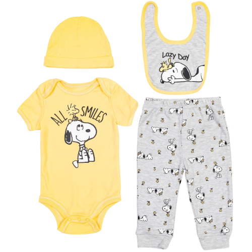 PEANUTS Woodstock Snoopy Newborn Baby Boys Bodysuit Jogger Pants Bib and Hat 4 Piece Outfit Set Newborn to Infant