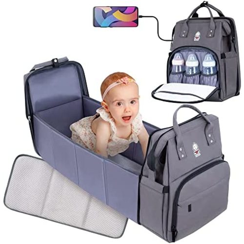 3-in-1 Convertible Baby Bag – 15.8x13x9 in. Baby Diaper Bag Turns into 27.6x12 in. Foldable Crib & Changing Station – Baby Diaper Bag Backpack with Charging Cable Hole & Insulated Pocket by TSBABIES