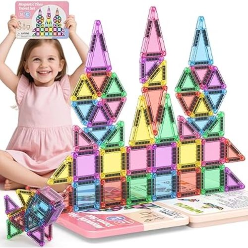 Mini Magnetic Tiles with Iron Box, 42PCS Travel Size Magnet Building Blocks Toy Set, Protable Construction Block Toys Educational Learning Sensory Toys for 3+ Year Old Boys Girls Birthday Gift