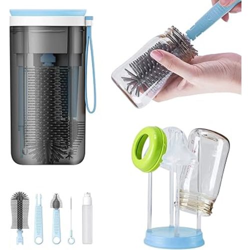 Travel Baby Bottle Drying Rack with Bottle Cleaning Brush Set, Blue