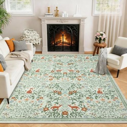 8'x10'Green Fox Floral Area Rug, Machine Washable Botanical Rugs for Living Room Bedroom, Non-Slip Low Pile Animal Print Rug for Playroom Hallway